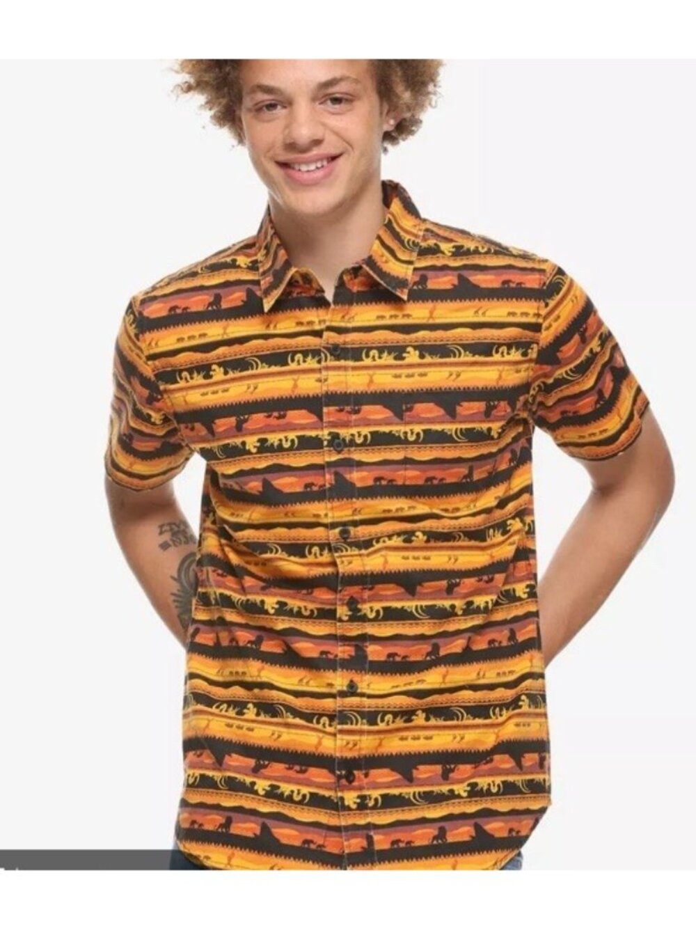 DISNEY Our Universe Lion King AOP men's SS shirt size Lg button up Safari Sunset